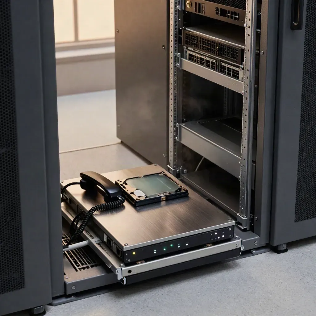Open cloning dock with laptop drive, face-down phone, and cable loops in a misty server alcove.