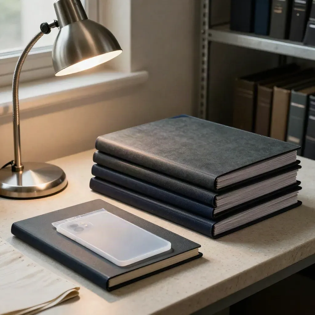 Forensic folders, sealed phone pouch, and sleeve stacks beside a task lamp in a review room.