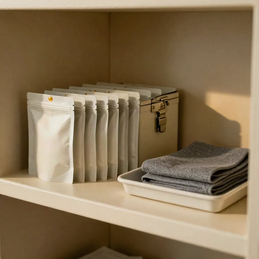 Top-down shelf cubby with tamper-evident pouches, a lockbox, cloth, and transfer tray.
