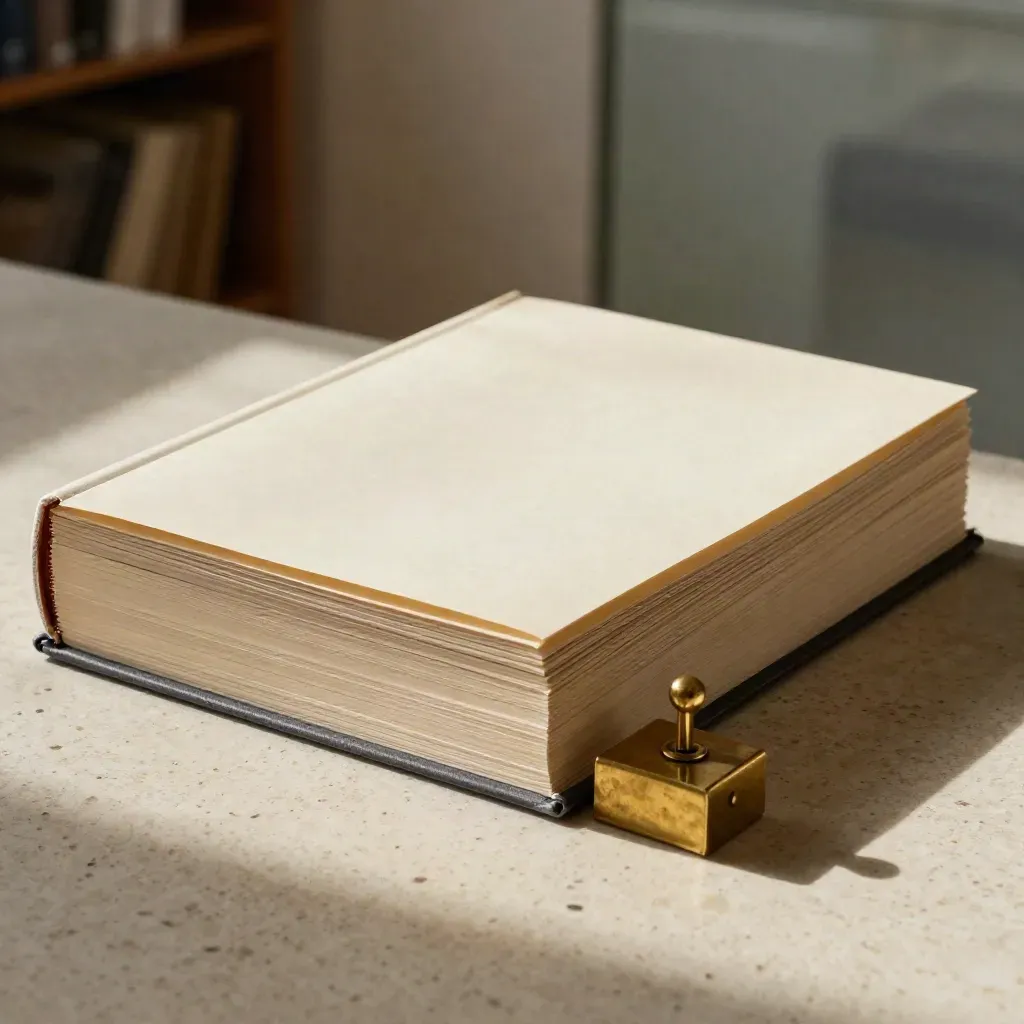 Expert report packet with appendix sleeves and a brass paperweight on pale travertine.