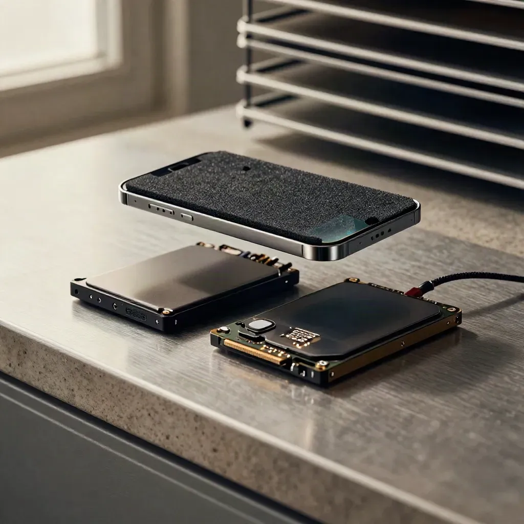 Smartphone backplate, two SSDs, and a clone dock on anti-static foam in a forensic lab
