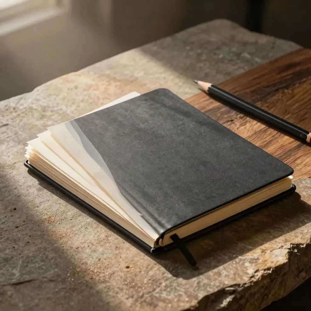 Closed notebook, face-down photo sleeves, and pencil on a stone slab in warm morning light.