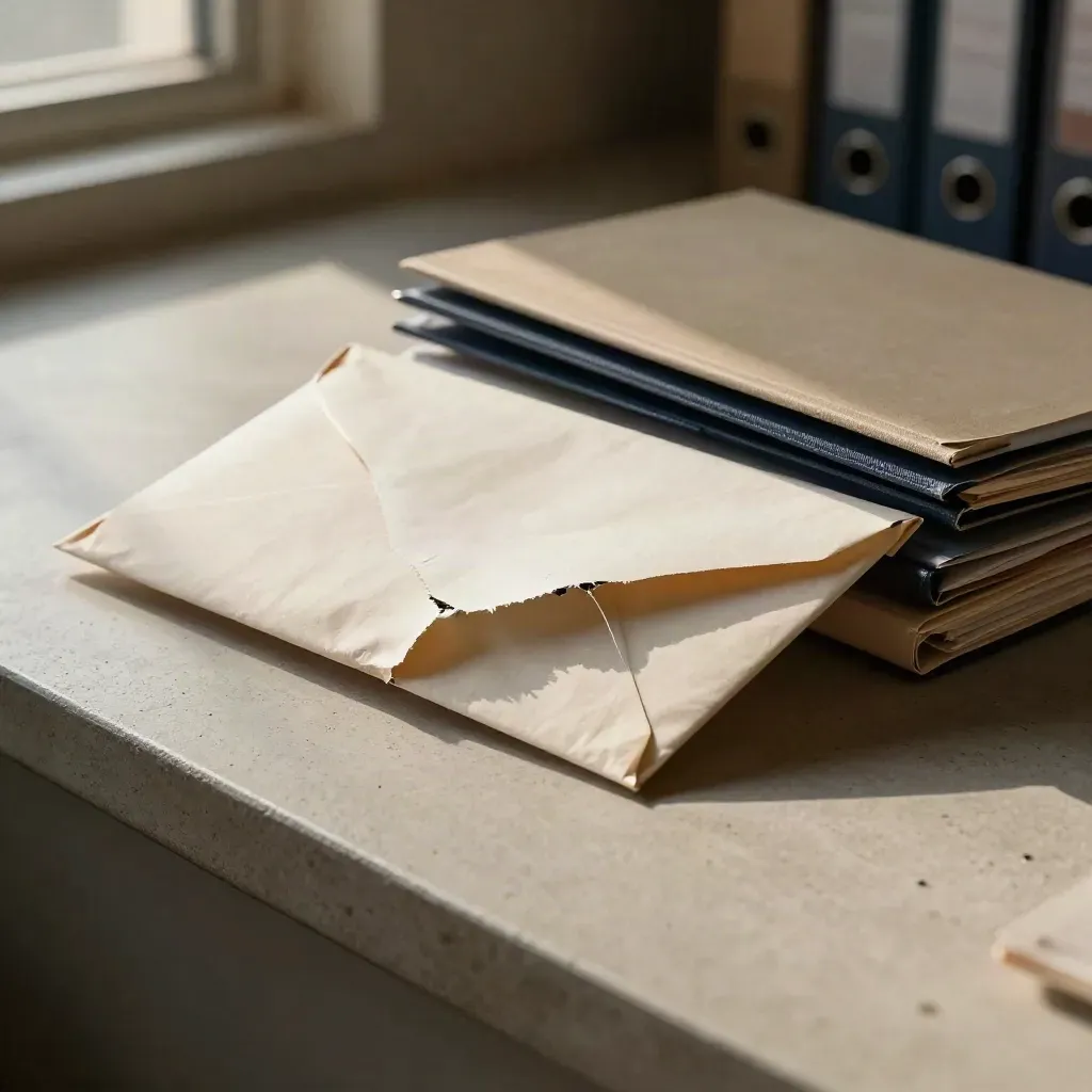Torn envelope, sealed drive sleeve, and file jackets on concrete in warm window light.