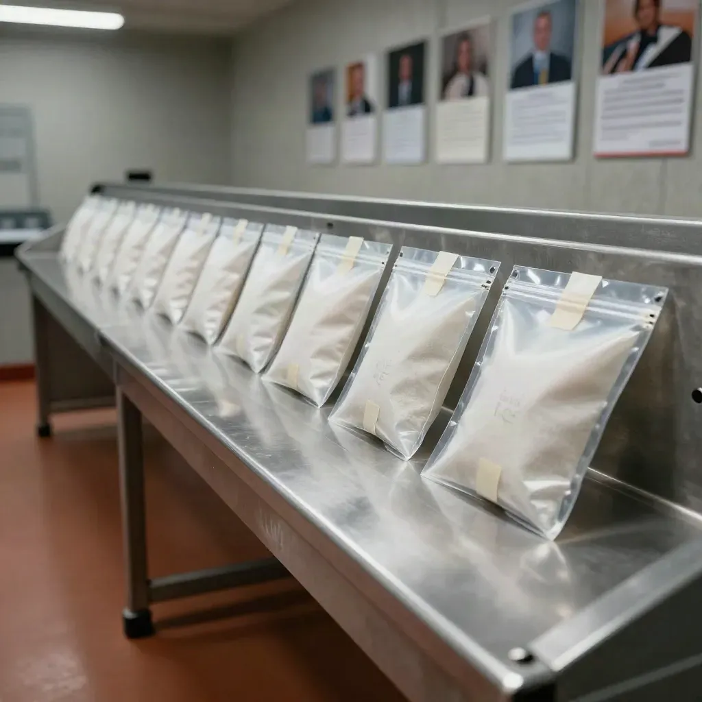 Sealed evidence pouches lined across a steel bench with blurred case photos behind.
