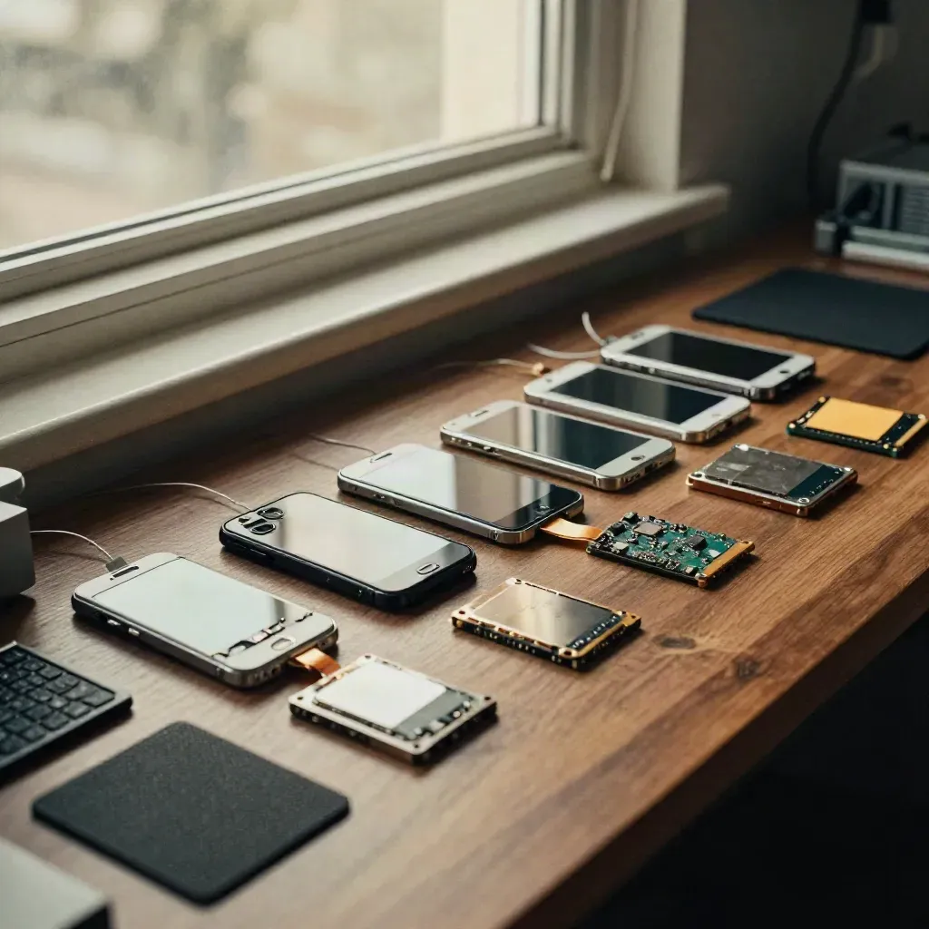 Digital evidence lab bench with disassembled phones, drives, and anti-static mats.