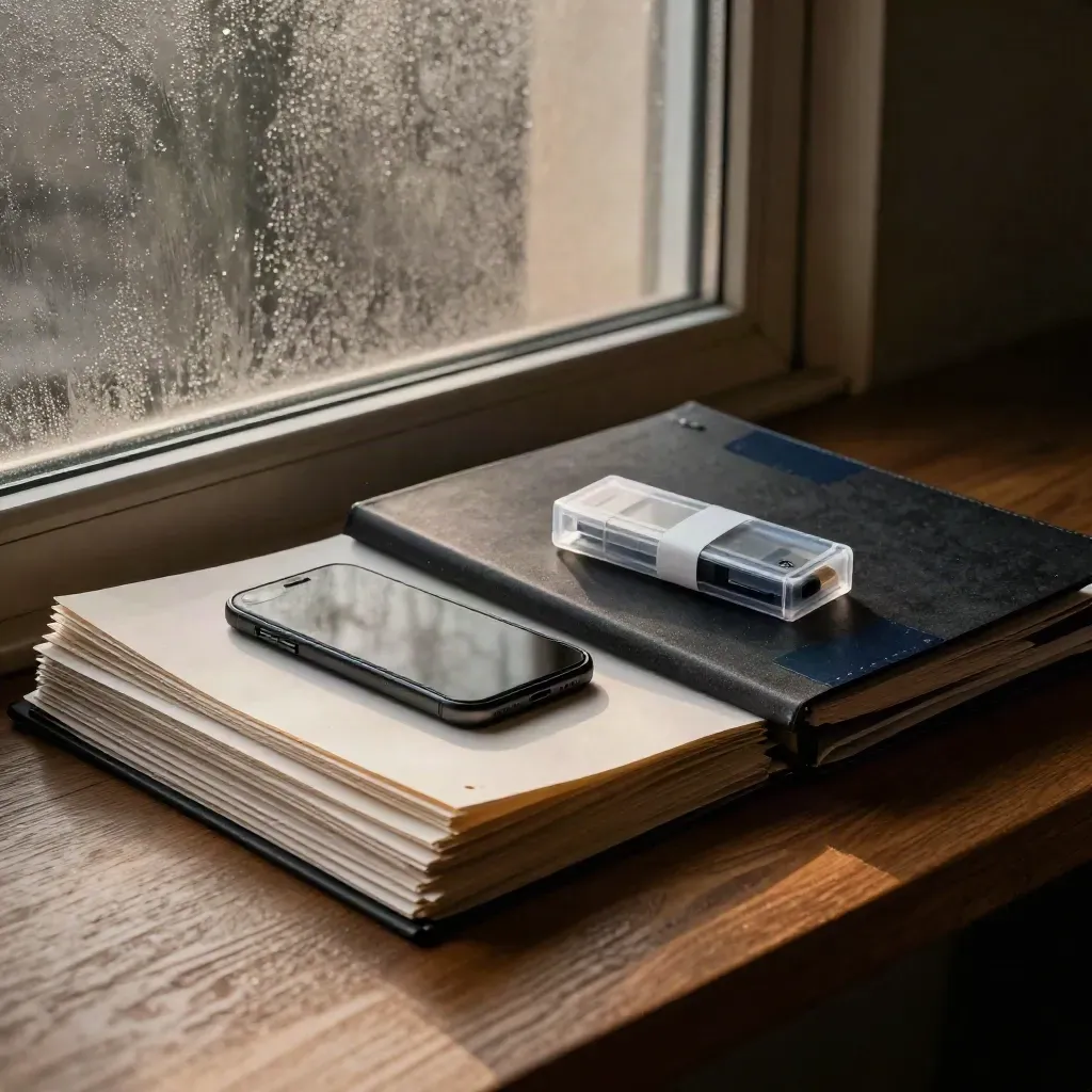 Black file sleeves, face-down phone, and sealed USB case by a frosted window in warm light.