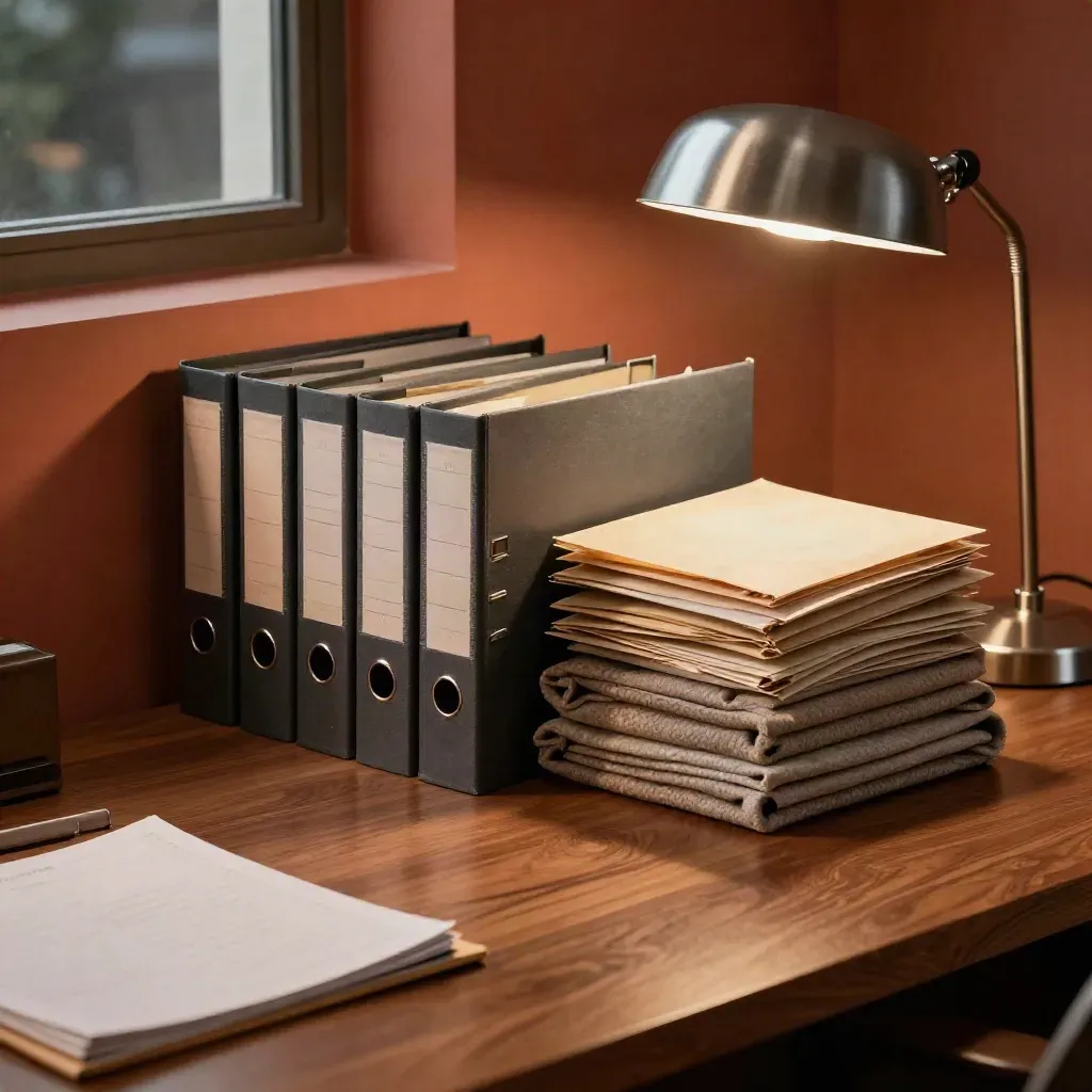 Litigation support desk with binders, exhibit boxes, cloth and lamp in warm evening light.