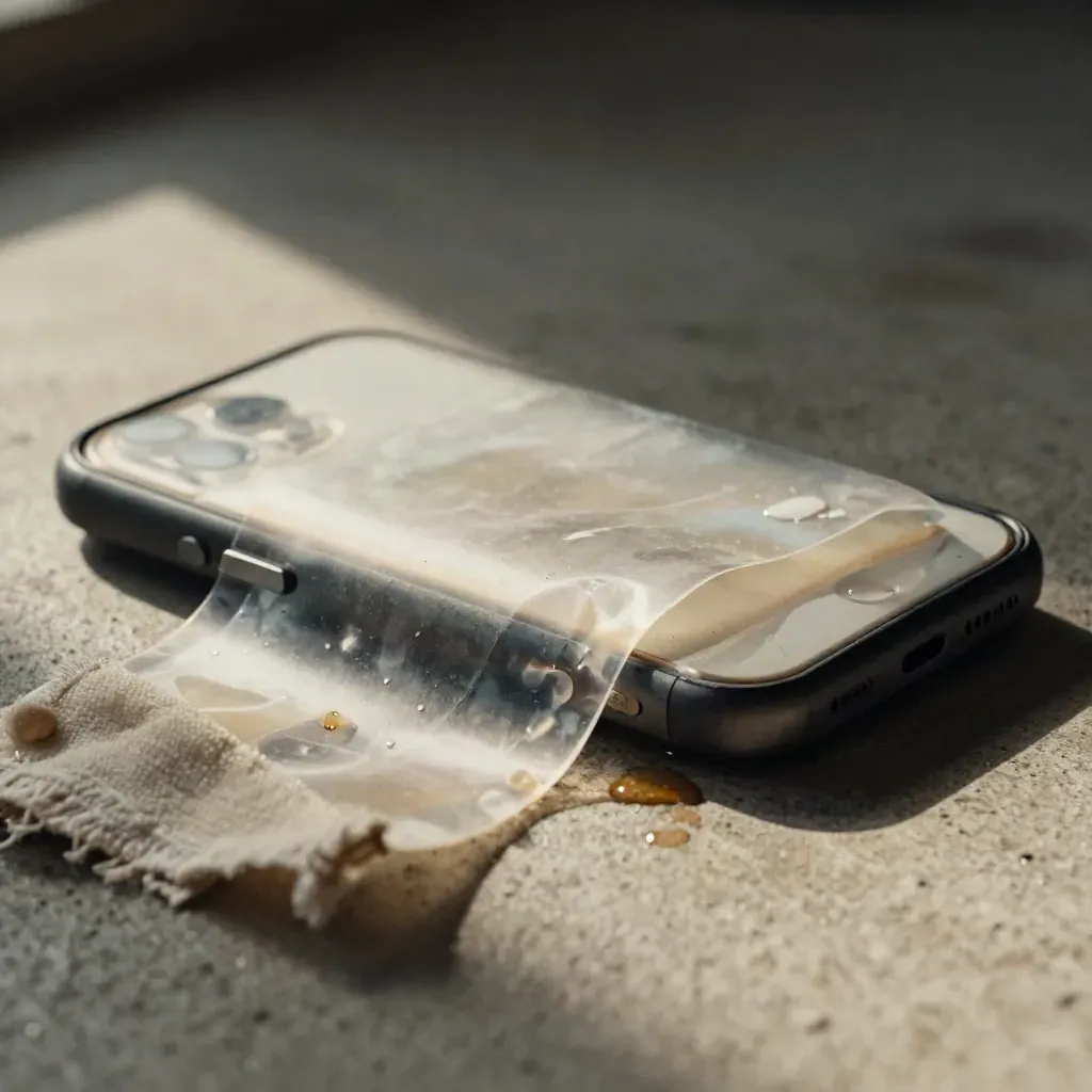 Damaged phone shell, warped evidence sleeve, and cloth on damp concrete