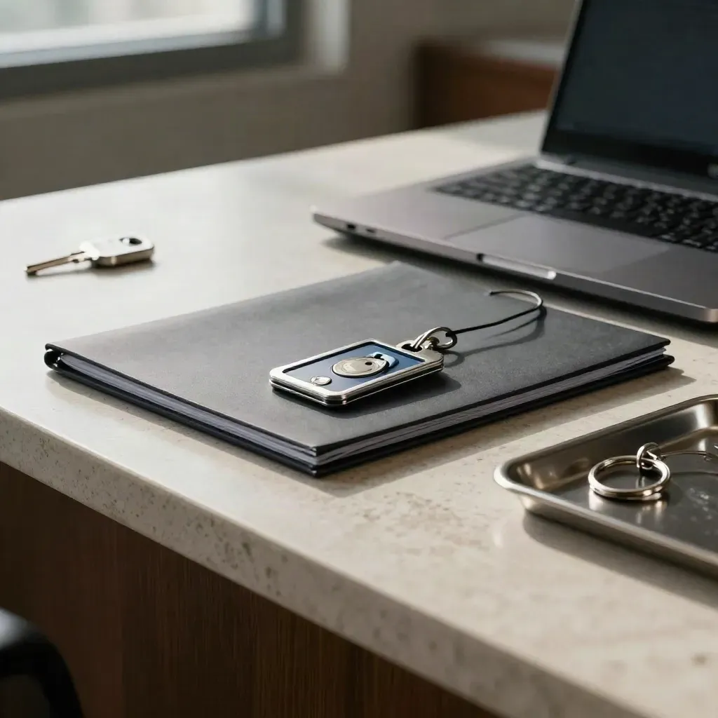 Closed laptop, face-down fobs, key ring and incident folder on a security desk