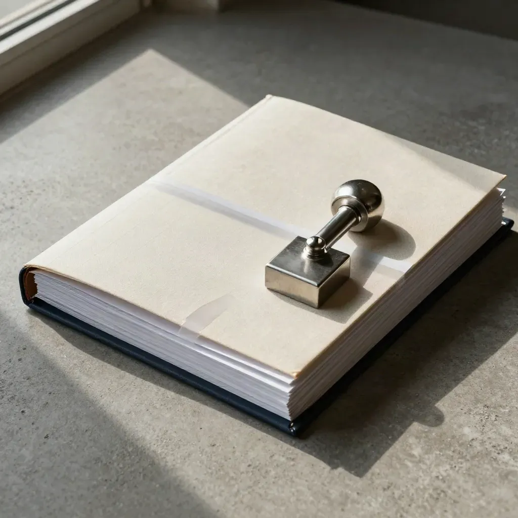 Overhead witness-report packet with dividers, sleeves and paperweight on concrete.