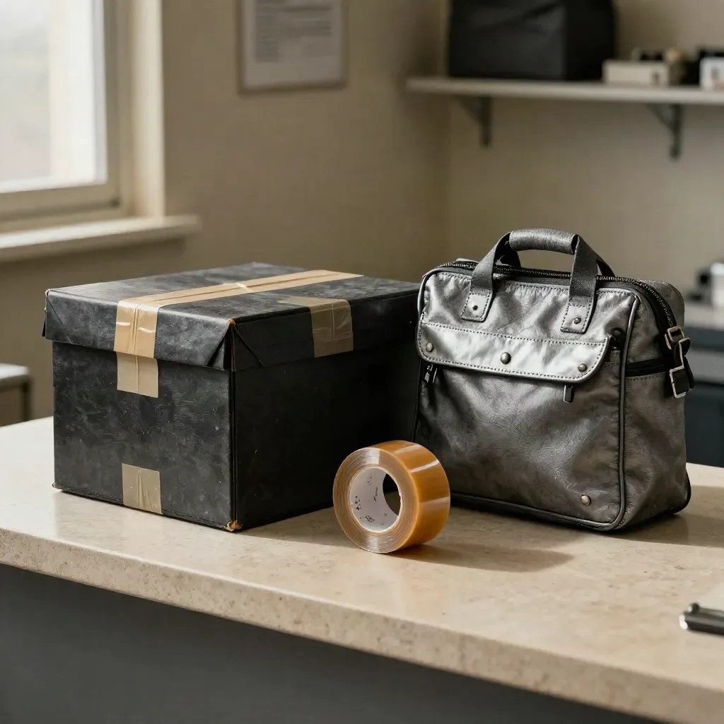 Sealed evidence box, tamper tape roll, and courier pouch on pale stone in warm side light.