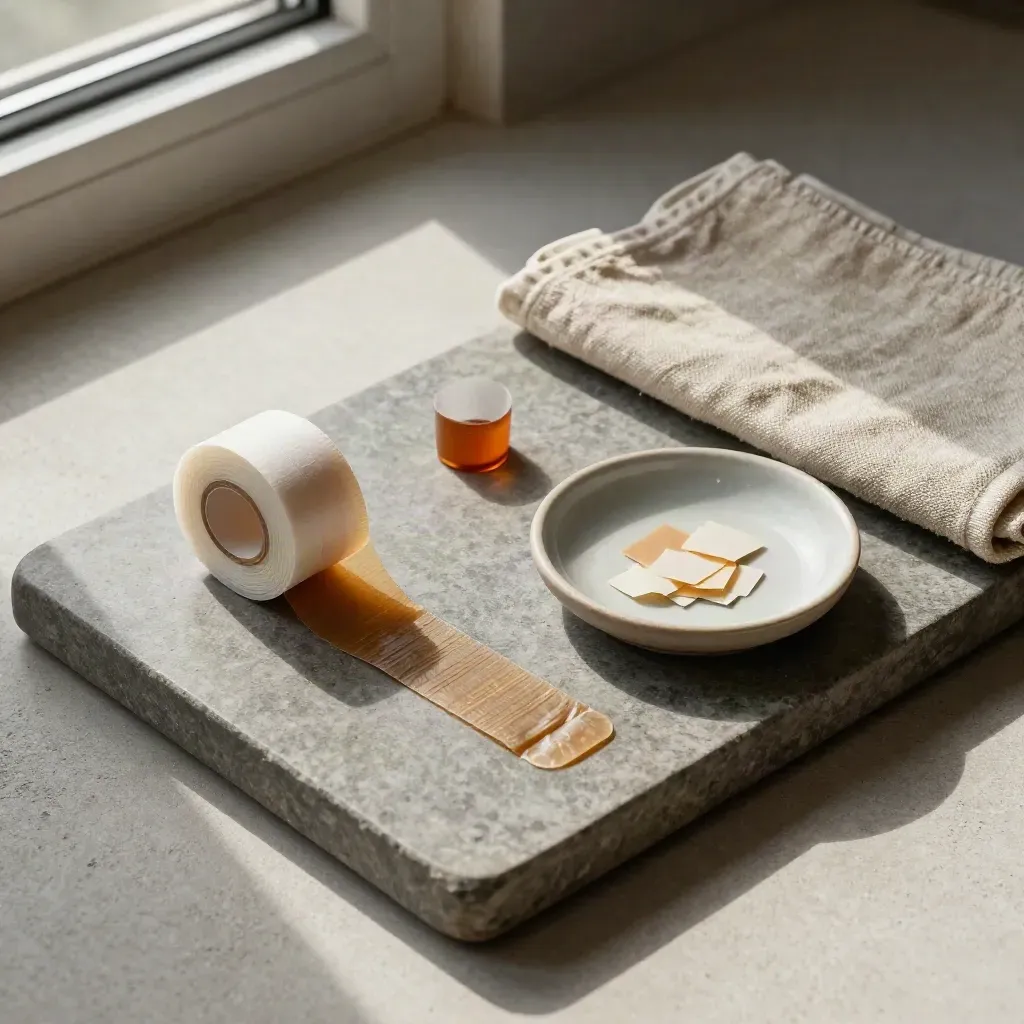 Tamper-evident seal roll, clipped pouch flap, ceramic dish and linen cloth on a stone tray.