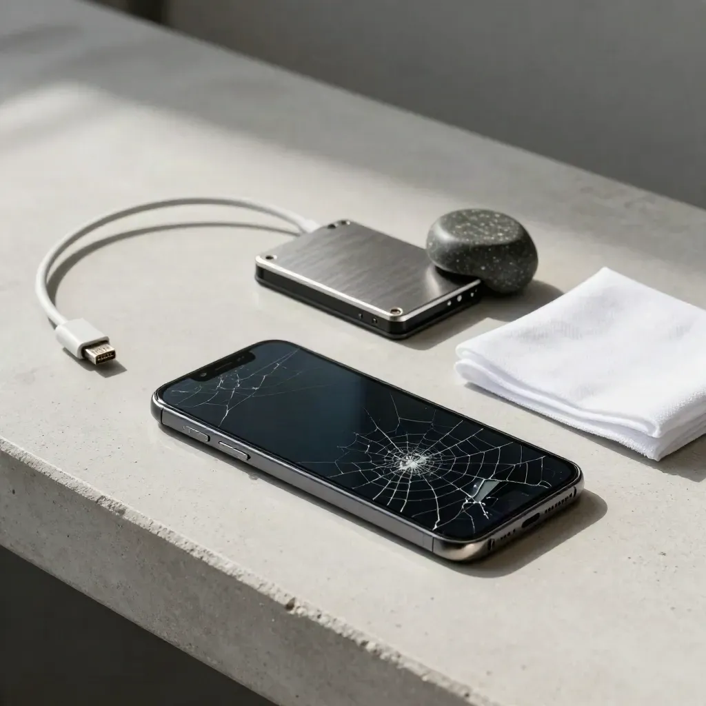 Cracked phone, SSD, coiled cable and stone paperweight on a concrete bench