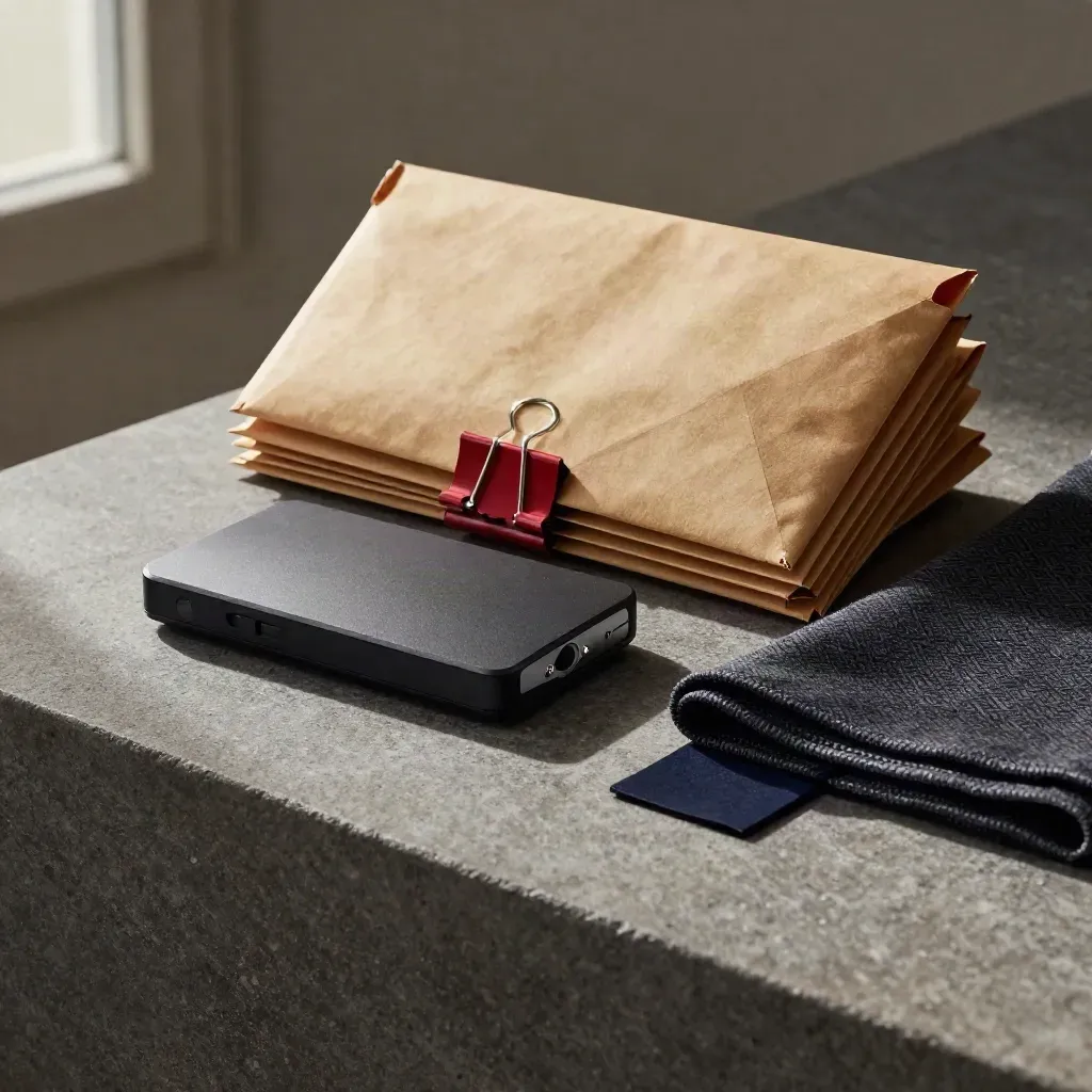 External drive, file clips, and evidence envelopes on brushed stone in soft window light.