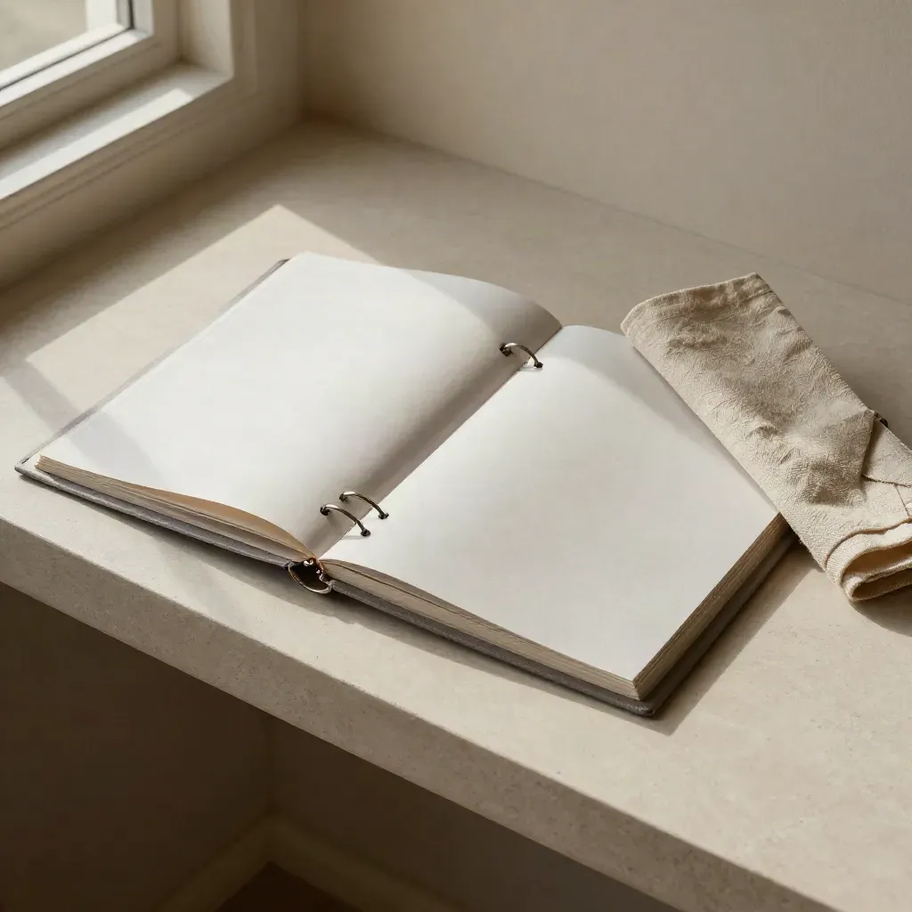 Overhead report binder with dividers, metal clip, and folded cloth on a plaster shelf.